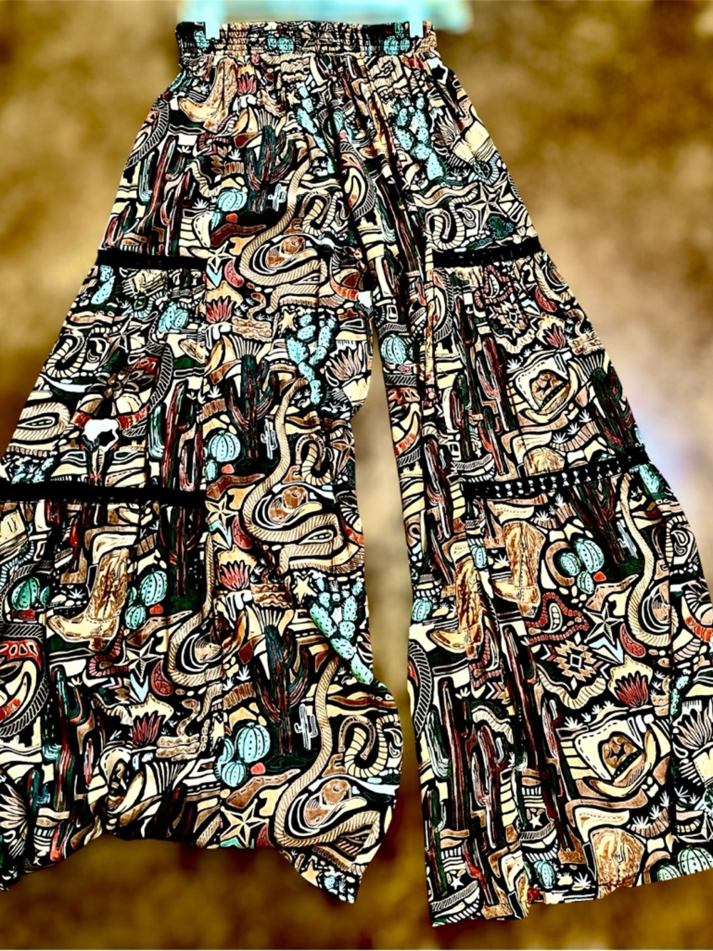 Western Boho Printed Tiered Pants & Top Set NEW. Unique Lattice Sheer Panels FUN - Picture 12 of 13